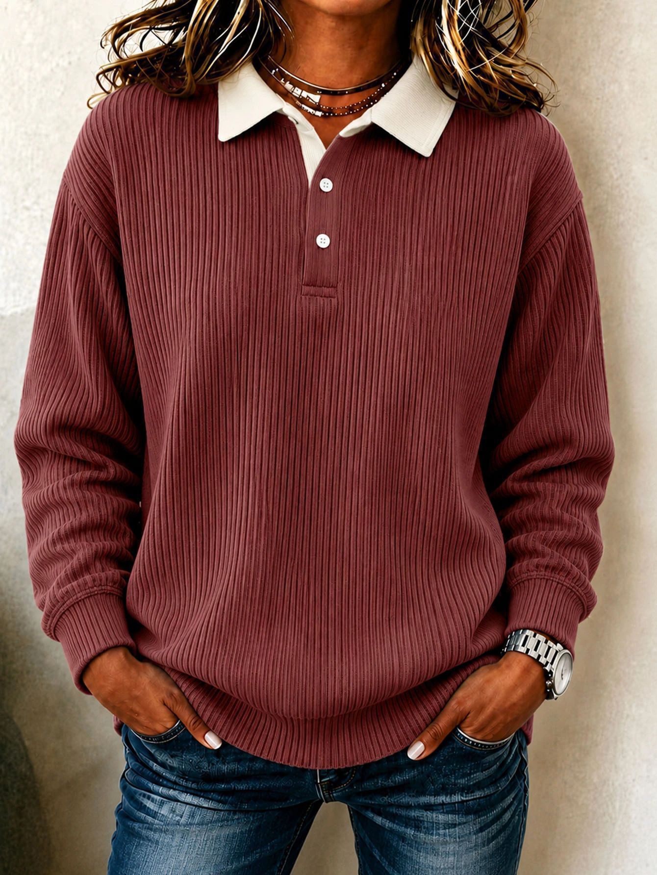 Women's Ribbed Knit Collared Long Sleeve Top