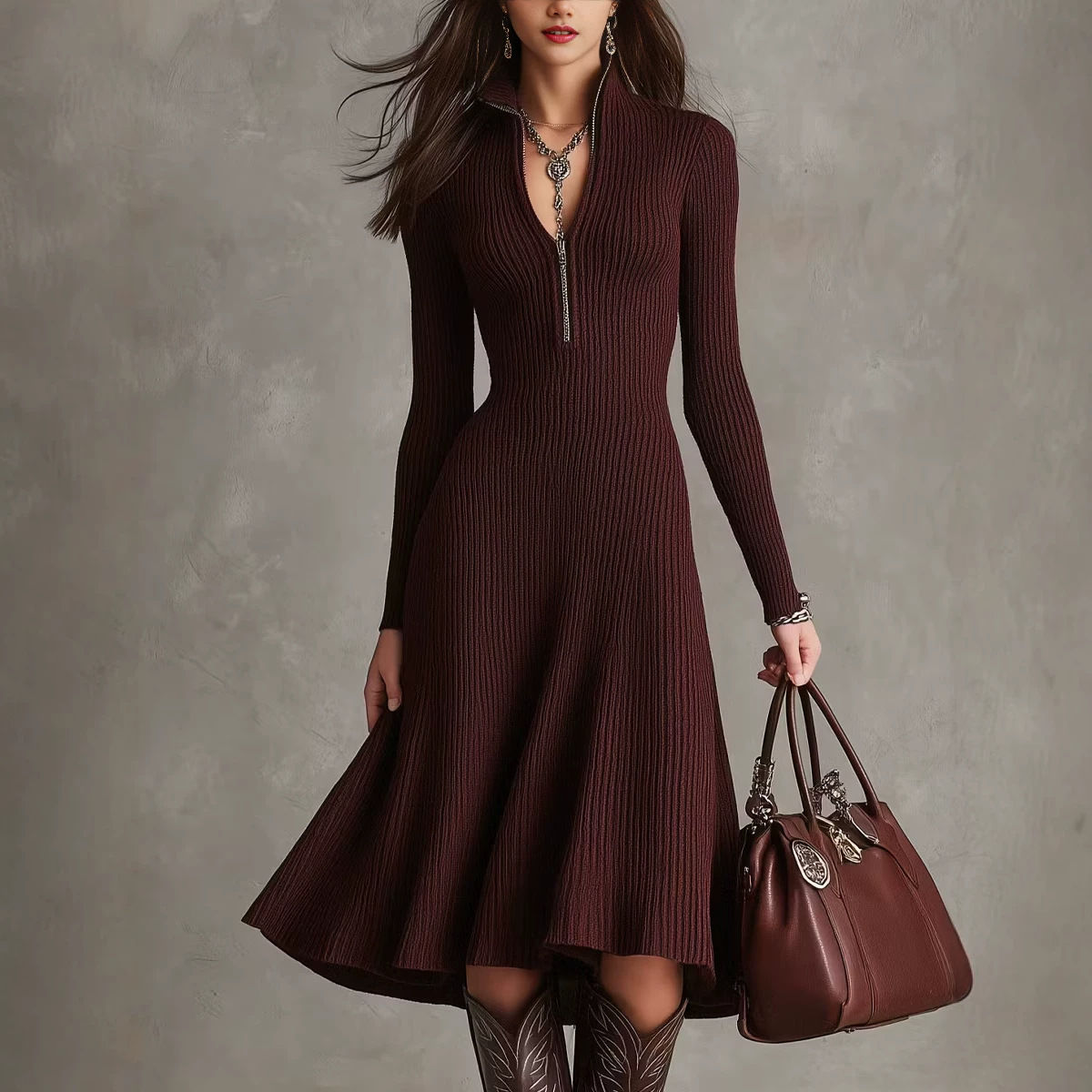 Women's Midi Dress with Zip Stand Collar Slim Fit Elegant