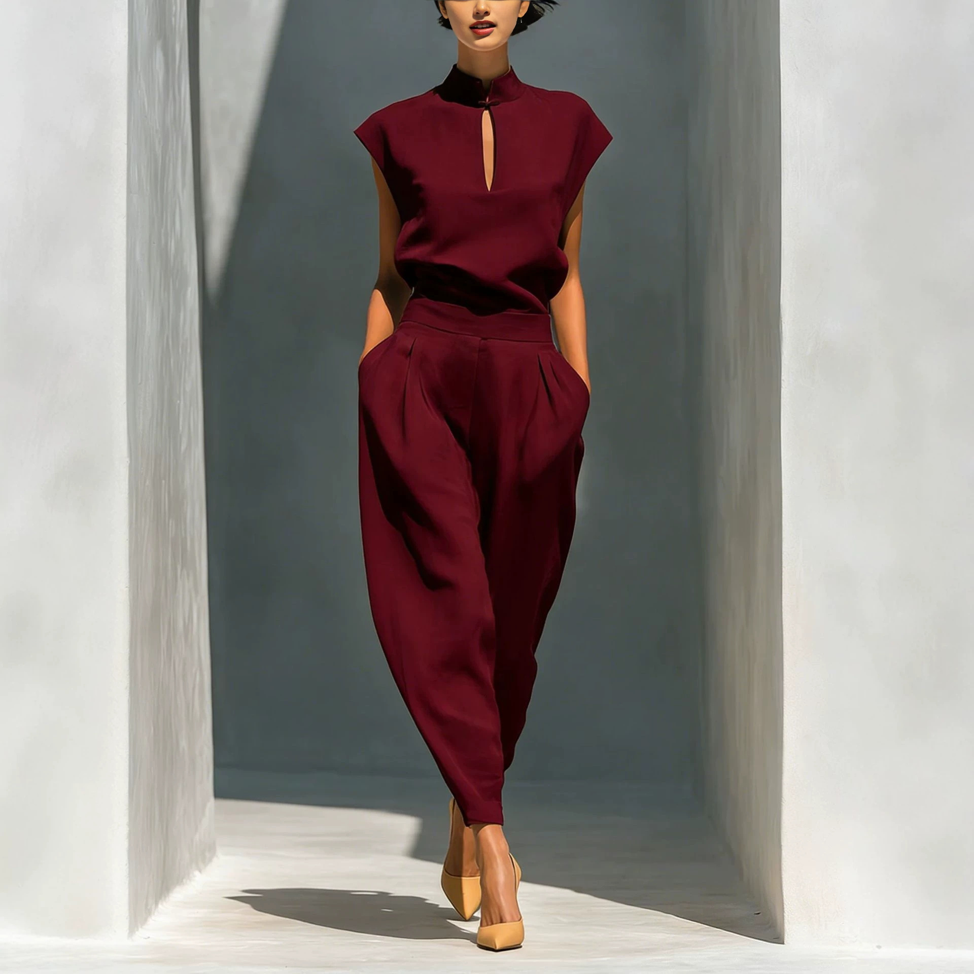 Elegant Women's Stand-Collar Cutout Top and High-Waist Barrel Pants Set