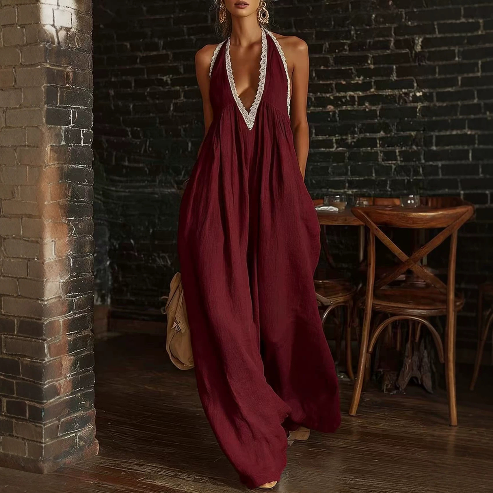 Women's Lace-Trim Loose Linen Jumpsuit Casual Elegant Sleeveless Straight-Leg