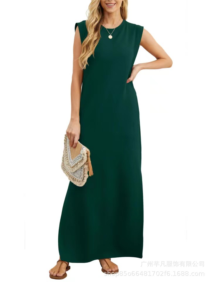 Women's Summer Casual Loose Long A-Line Dress Sleeveless Round Neck