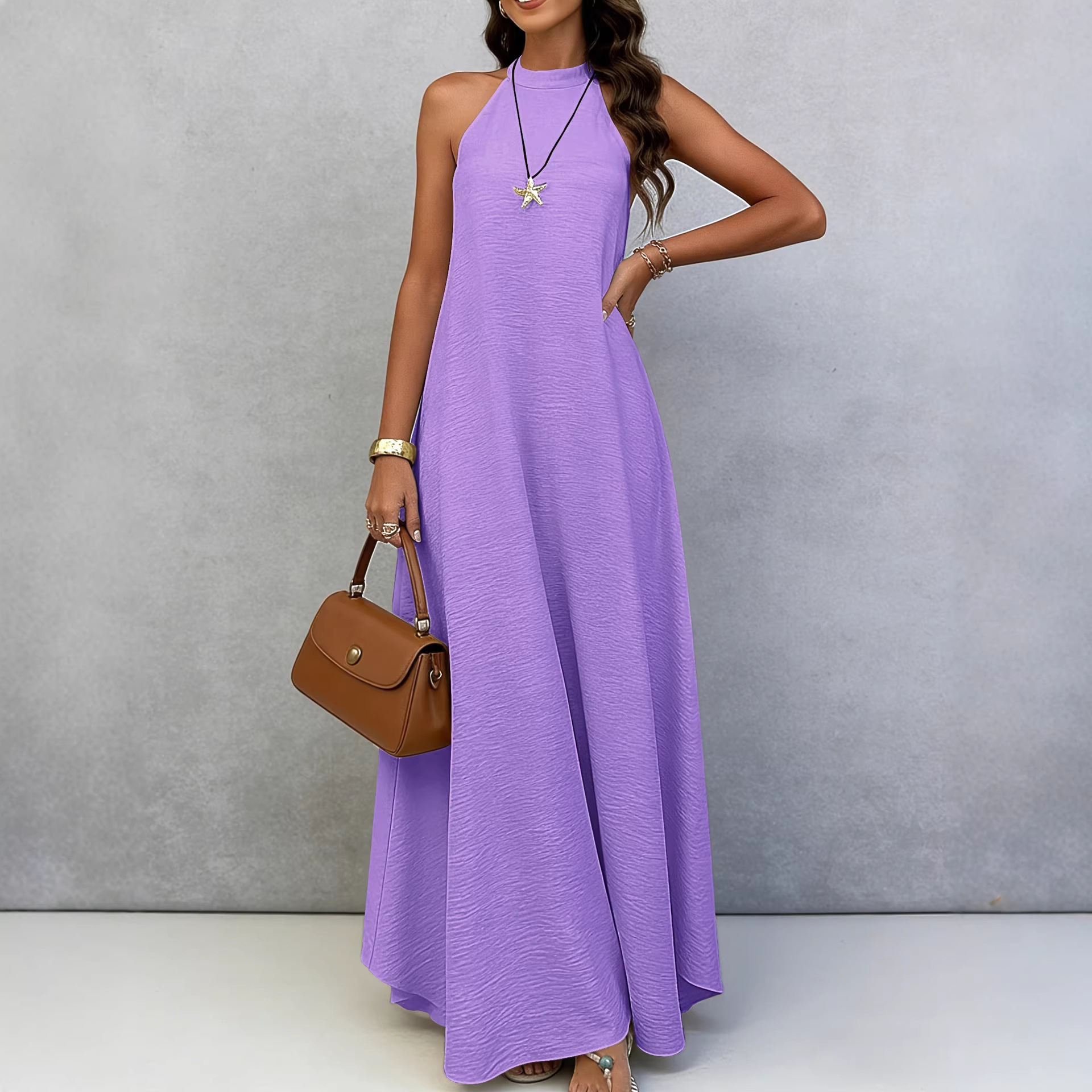 Women's Ice Silk Crinkle Sleeveless Maxi Dress Loose A-Line Solid Color Vacation