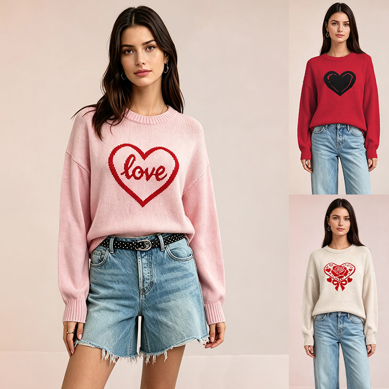 Heart Knit Sweater for Women Crewneck Long Sleeve Pullover