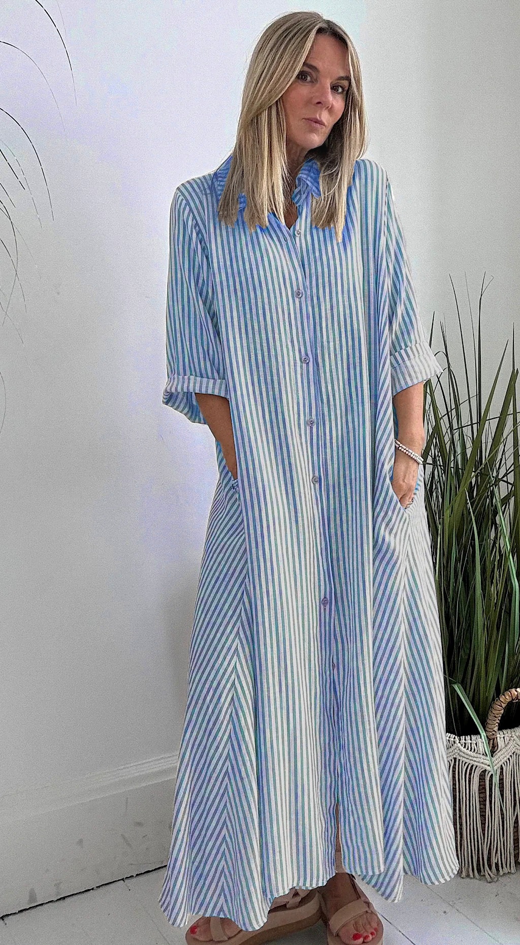 Striped Collared Midi Dress with Three-Quarter Sleeves and Button Front