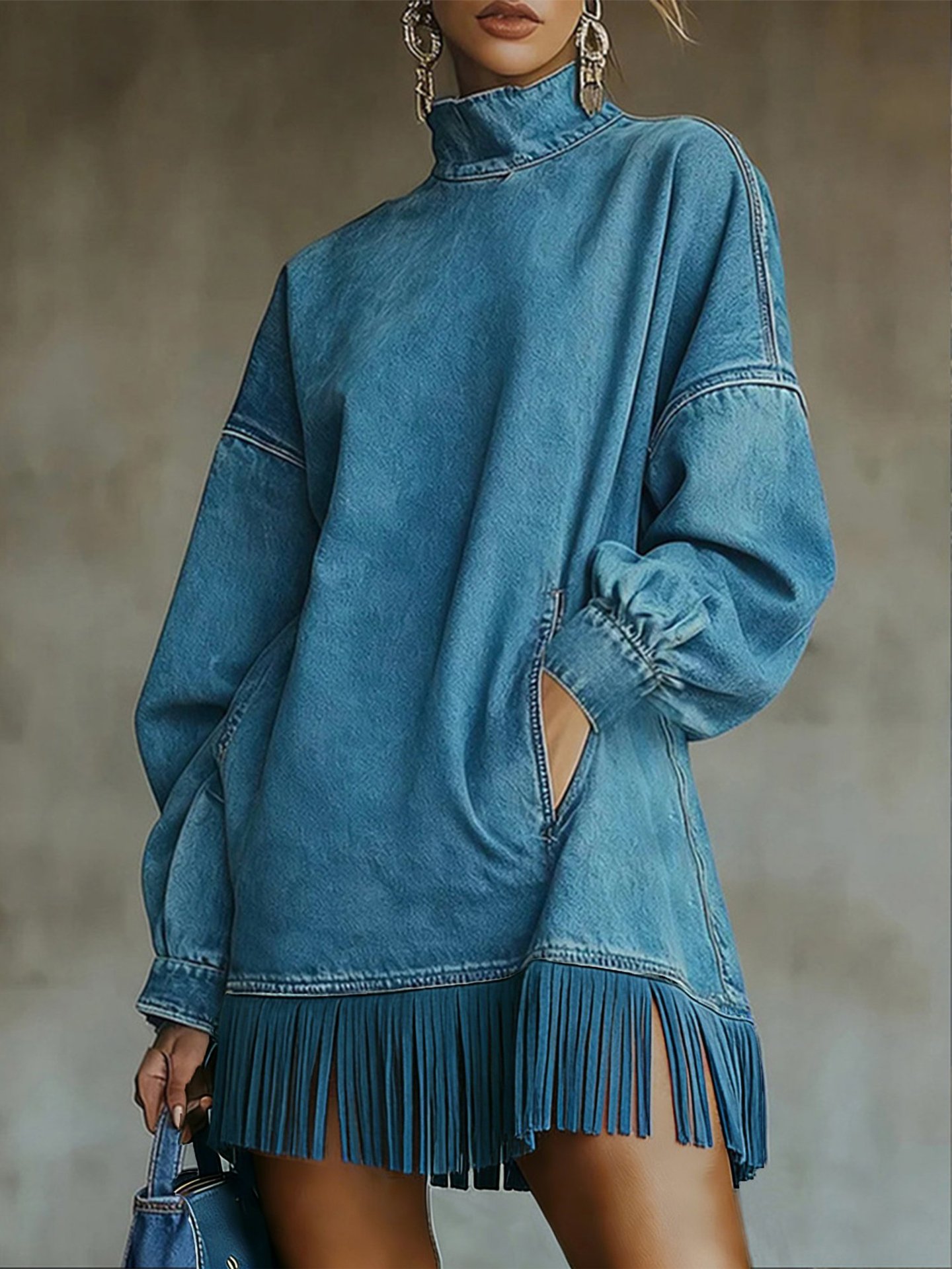 High Neck Faux Suede Tassel Long Sleeve Dress