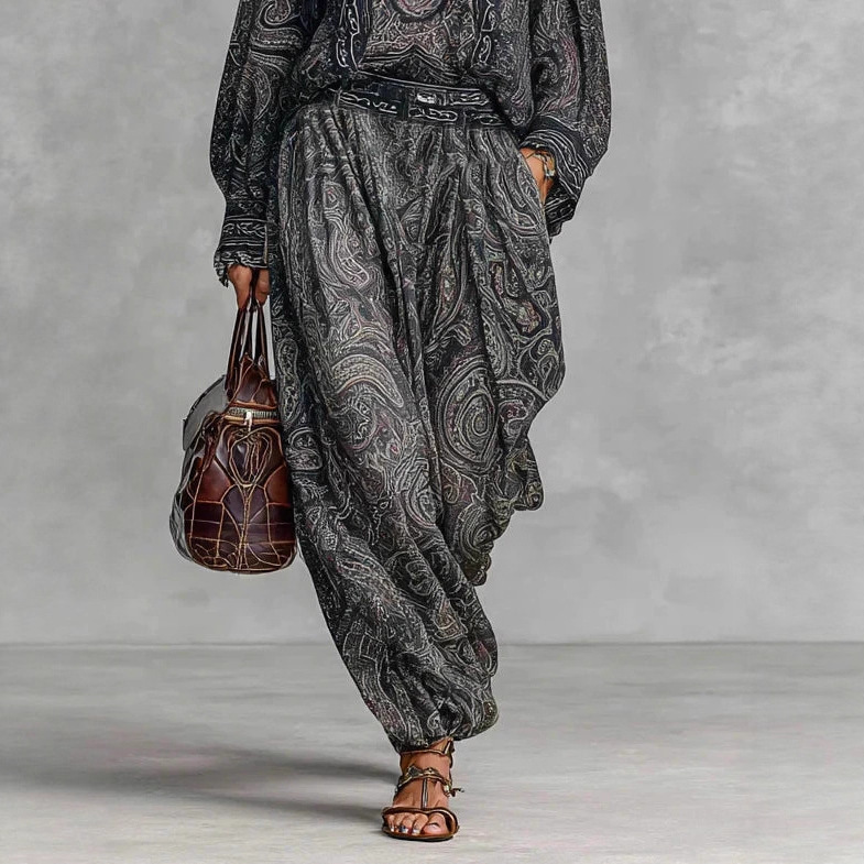 Paisley Print Retro Two-Piece Pants Set with Long-Sleeve Sweatshirt