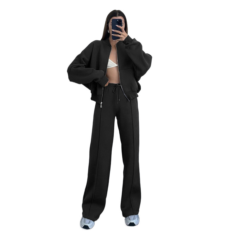 Women's Solid Zip-Up Hoodie and Straight-Leg Pants Set