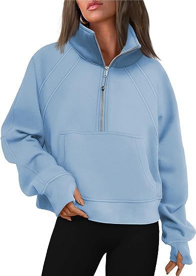 Women's Half-Zip Cropped Stand Collar Fleece-Lined Solid Hoodie