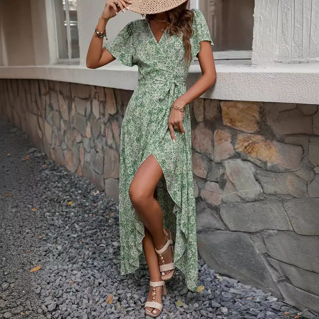 Floral Print One-Piece V-Neck Tie-Waist Maxi Dress