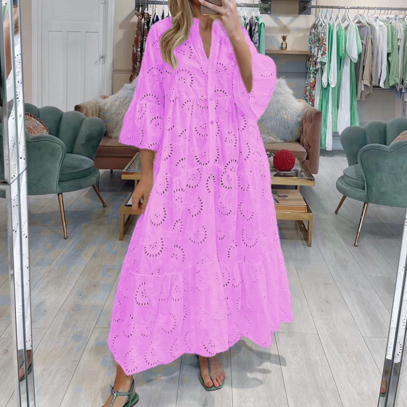 Women's French V-Neck Bell Sleeve Lace Hollow Out Long Dress