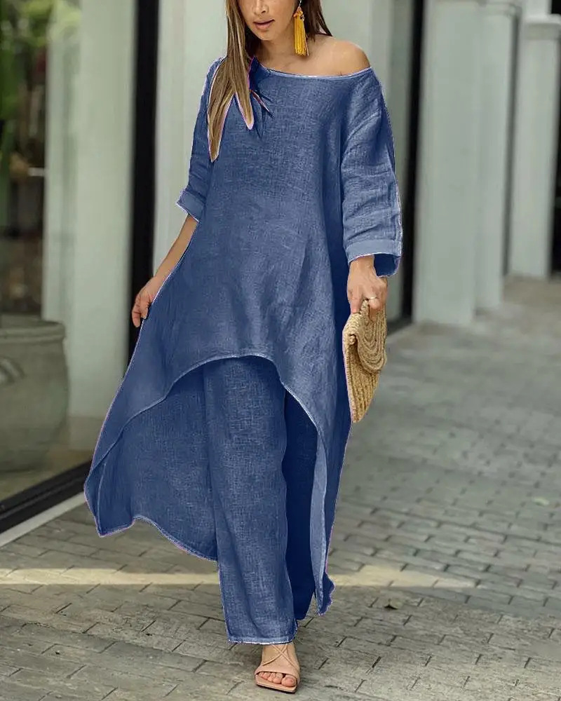 Women's Cotton-Linen Asymmetric Long-Sleeve Wide-Leg Two-Piece Set