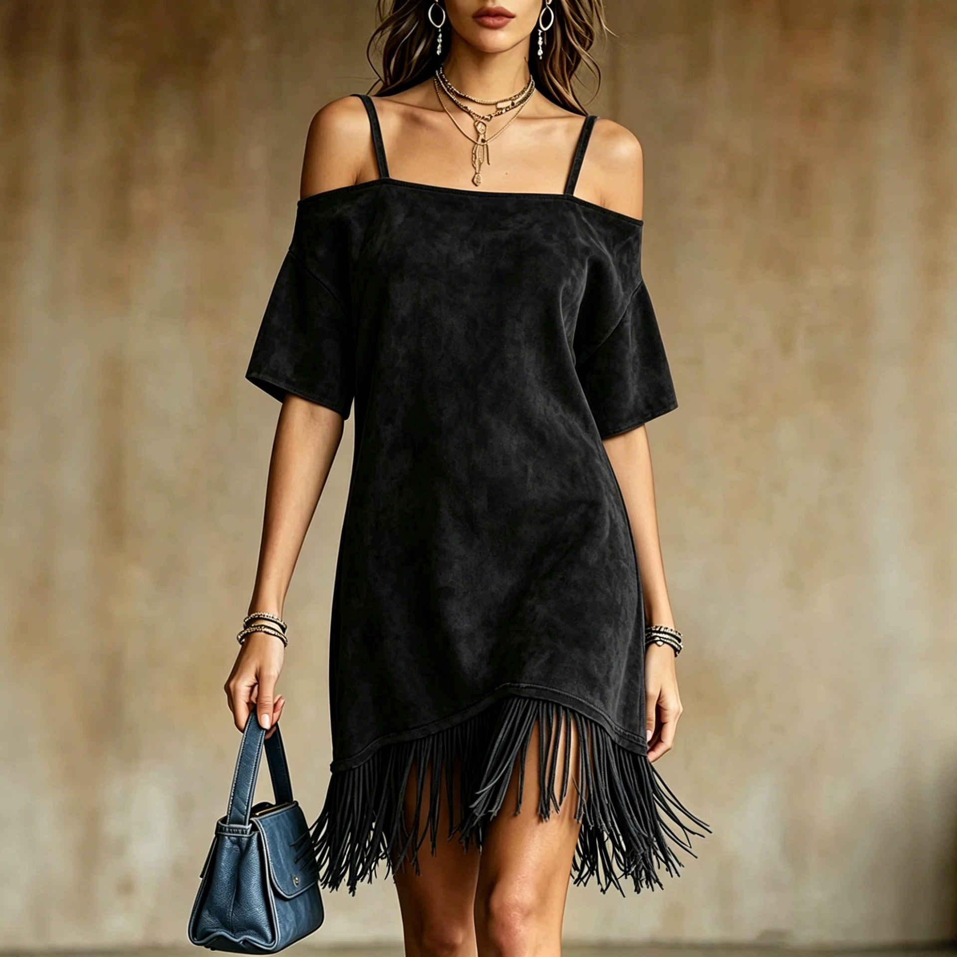 Suede Off-Shoulder Cami Dress with Fringe Hem Western Midi