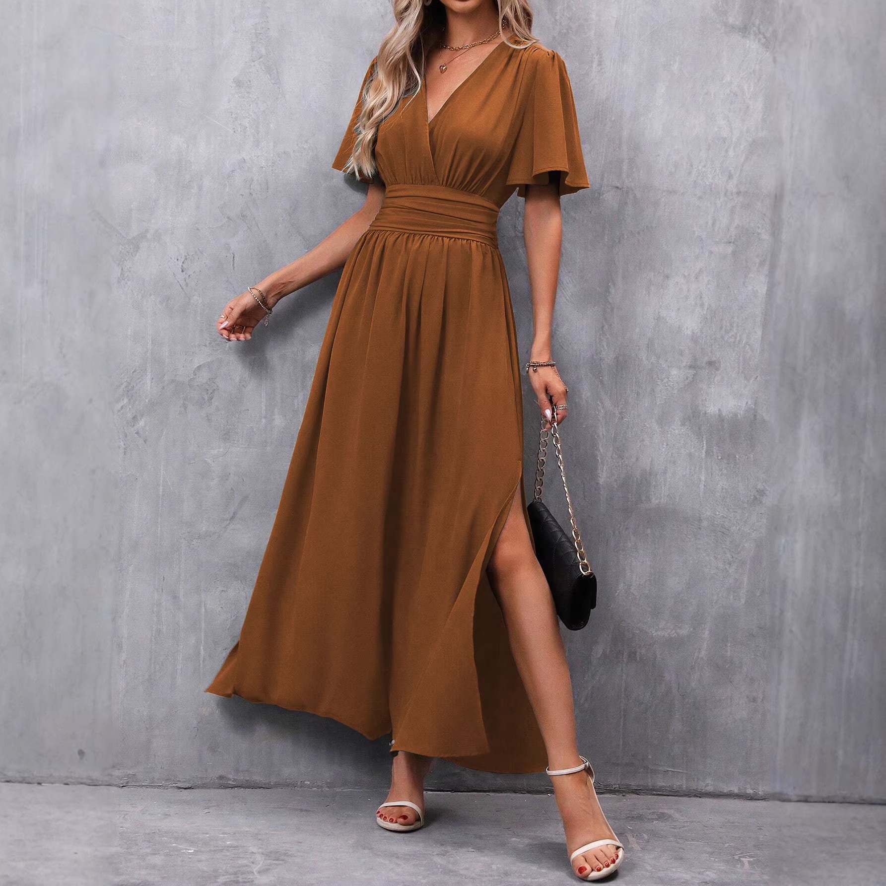 Elegant Flutter-Sleeve High-Slit A-Line Maxi Dress