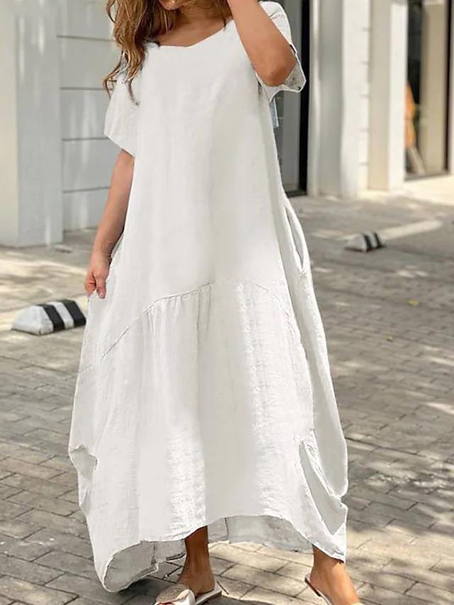 Women's Loose Cotton Linen Long Dress Casual Round Neck Short Sleeve