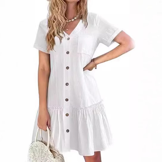 Women's Button-Front Cotton-Linen Midi Dress with Ruffle Hem and Short Sleeves
