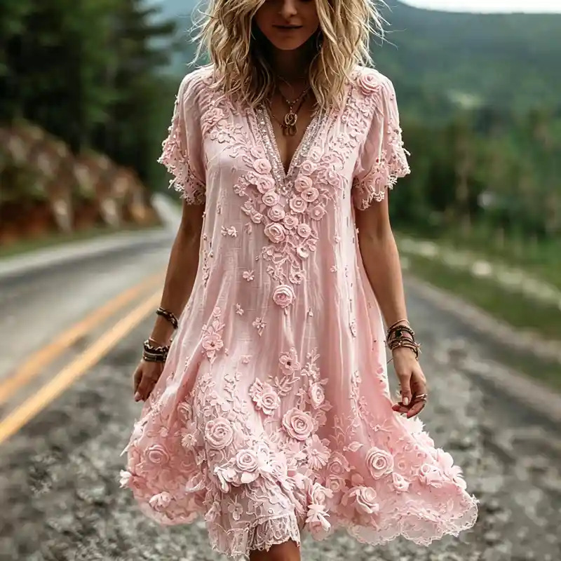 Women's Vintage Floral Print Pleated Midi Dress