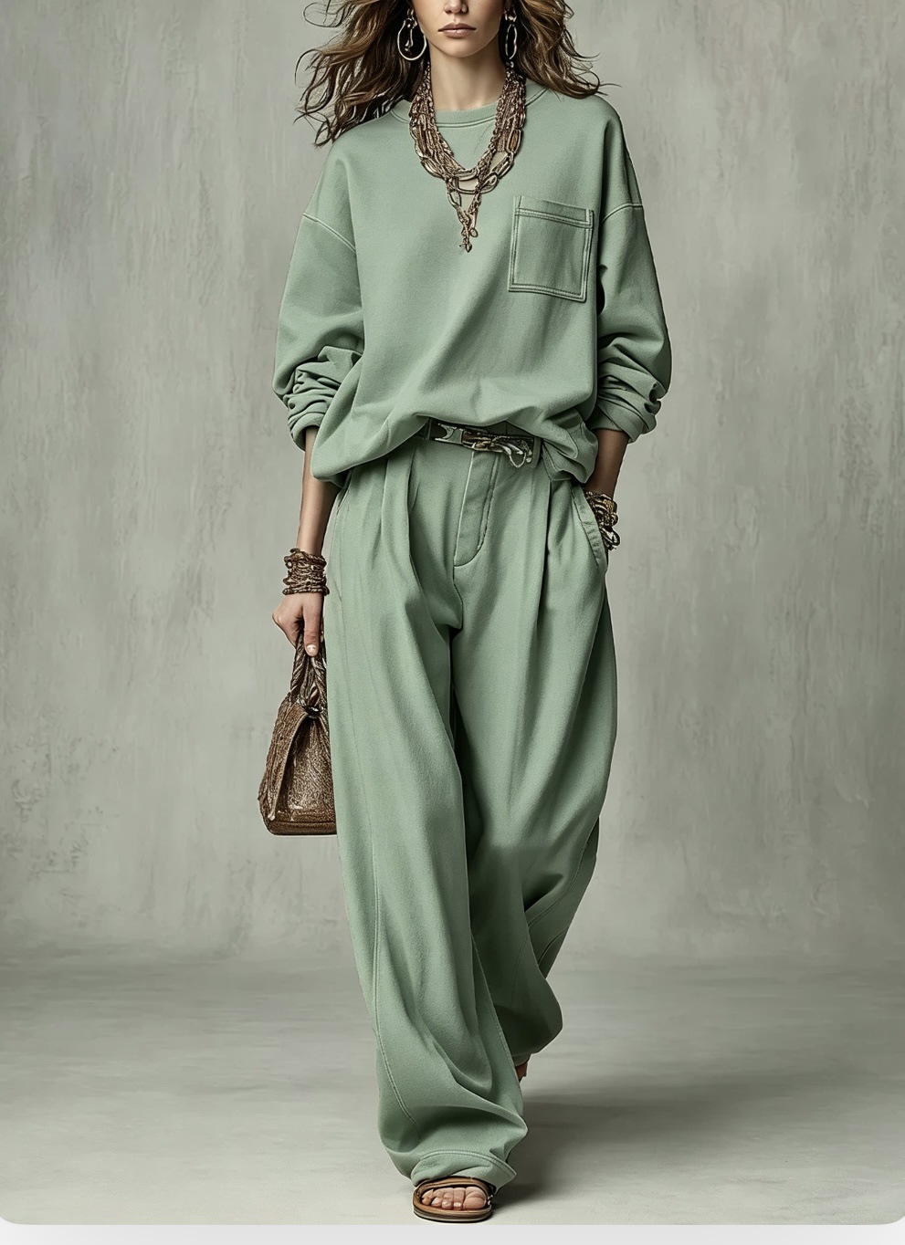 Relaxed Crewneck Sweatshirt & High-Waist Pleated Wide-Leg Pants Set (Belt Not Included)
