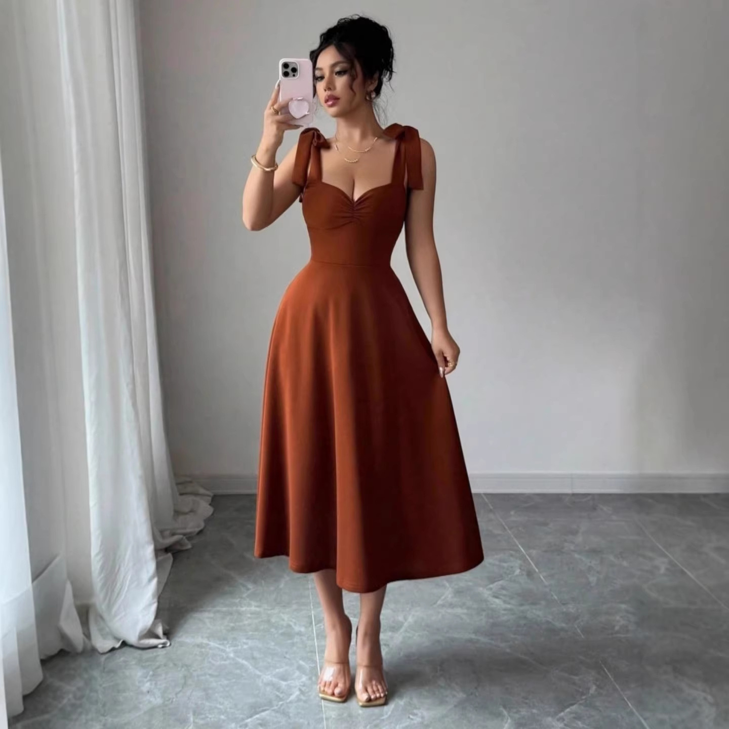 Solid Color Sleeveless Midi Dress with Waist-Cinching A-Line Silhouette
