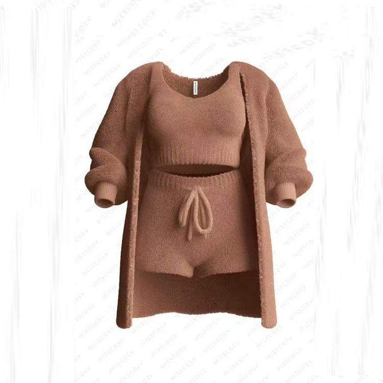 Knit Plush Long-Sleeve Cardigan, Vest & Shorts 4-Piece and 3-Piece Set