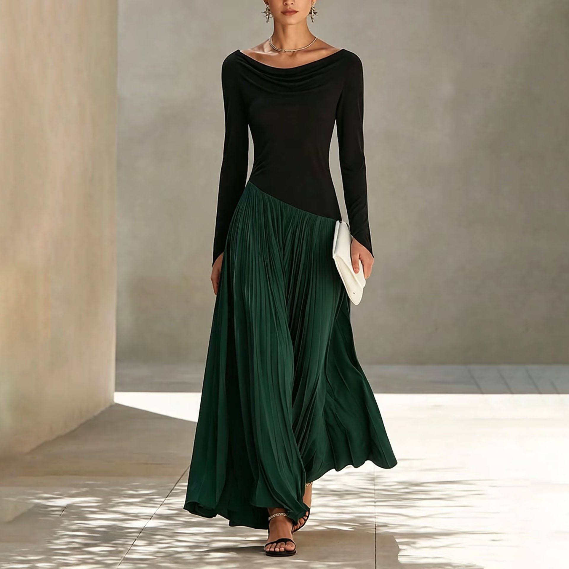 Women's Color-Block Long Sleeve A-Line Dress