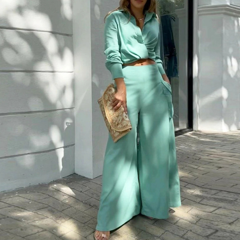 Women's Solid Color Lapel Slim Fit Two-Piece Pants Set