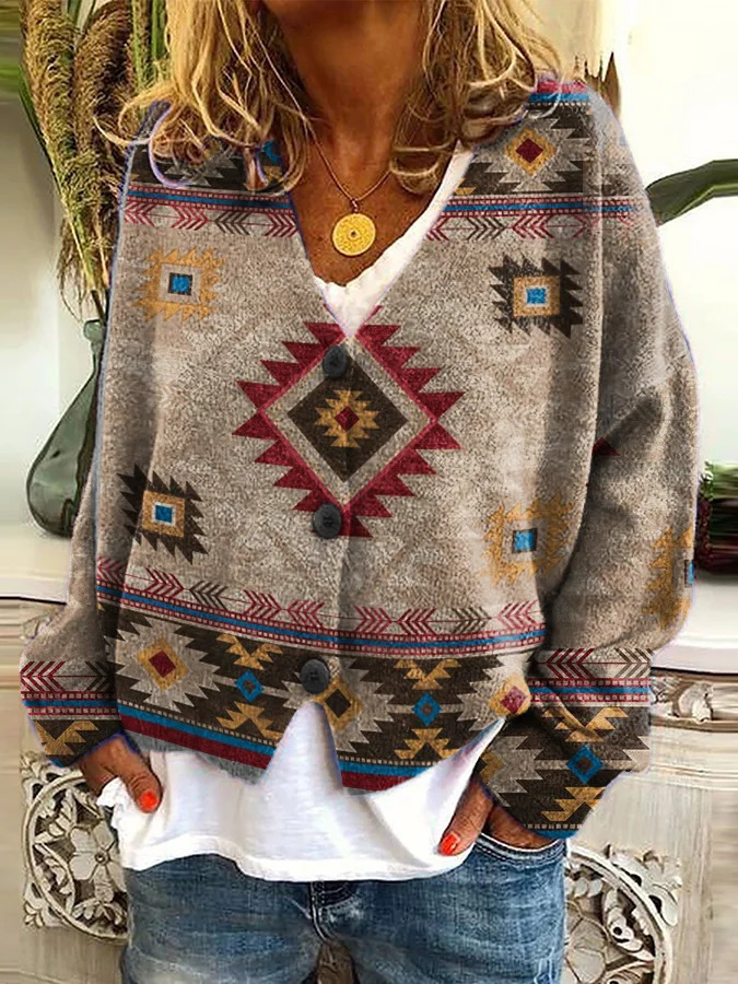 3D Print Open-Front Cardigan Soft Knit Women's Casual Wrap Sweater