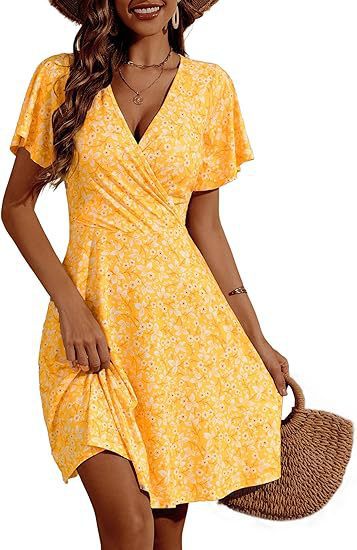 Women's Floral Short Sleeve Wrap V-Neck A-Line Midi Dress