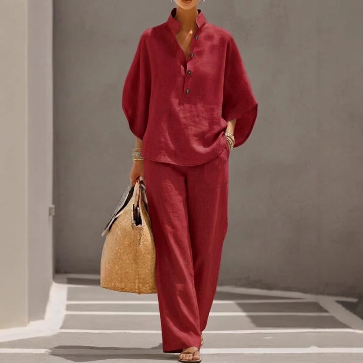 Women's Casual Solid Zip-Up Wide-Leg Pants Set
