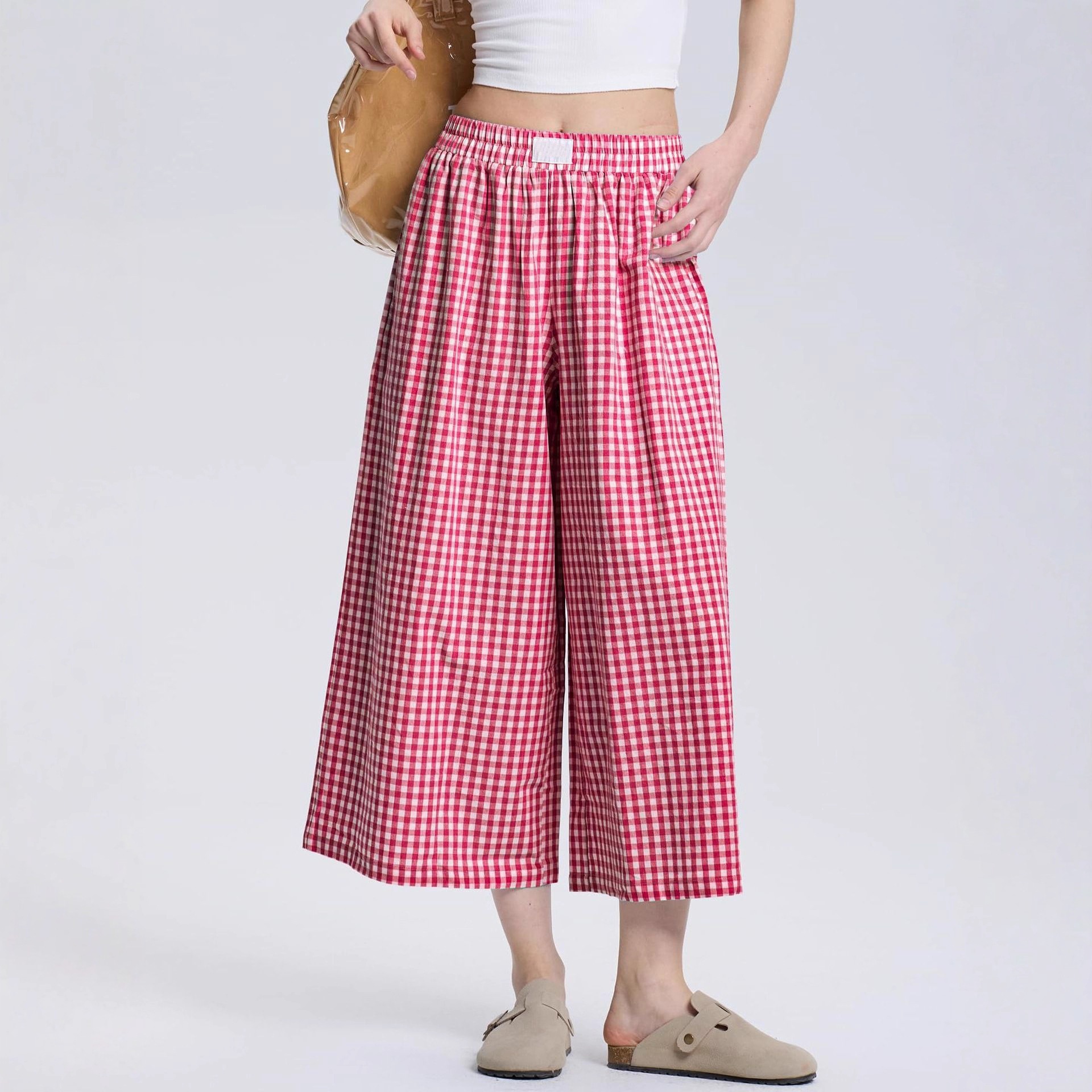Women's Plaid Linen-Blend Wide-Leg Pants Loose Casual