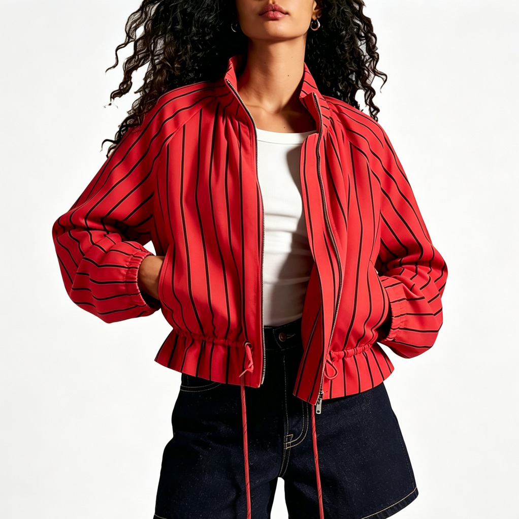 Women's Striped Long Jacket with Lantern Sleeves, Drawstring Waist, Zip Front, Pockets