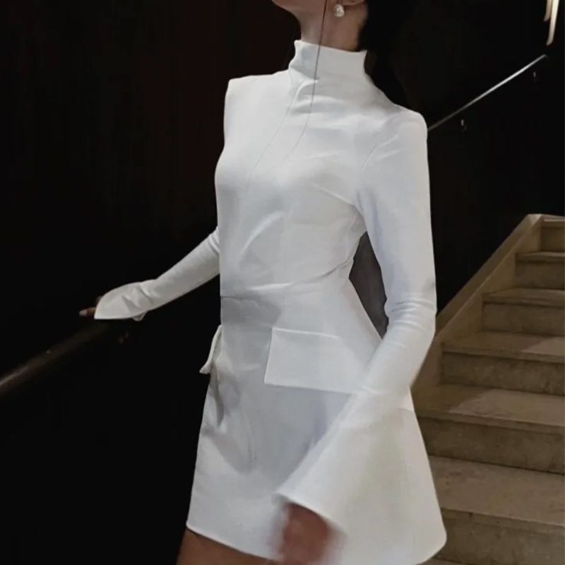 Women's Long Sleeve Bodycon Dress Round Neck Ruffle Trim
