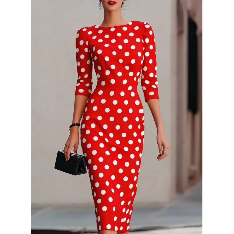 Color-Block Polka Dot Waist-Cinching Slim Fit Midi Dress