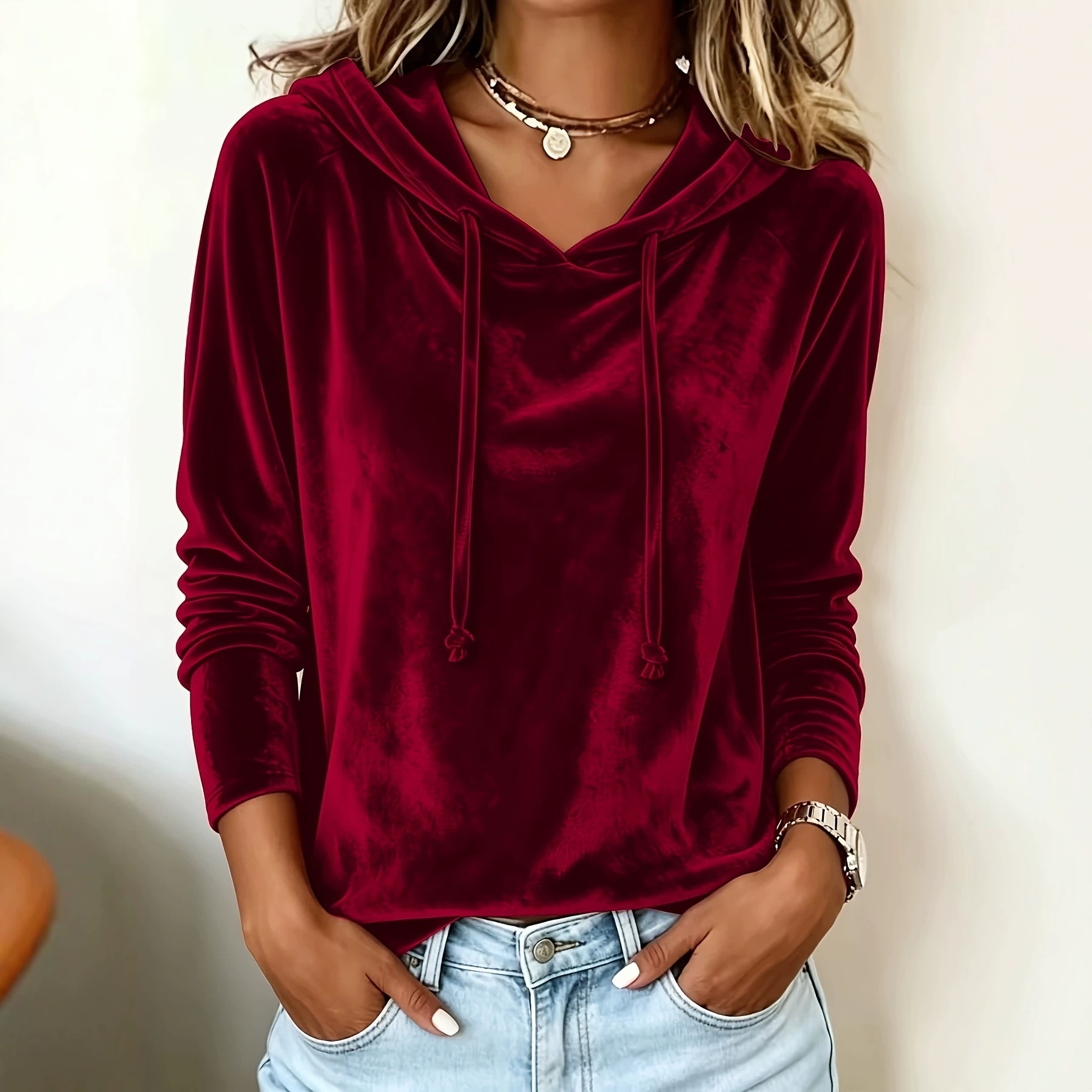 Women's Solid Velvet Pullover Top with Hood