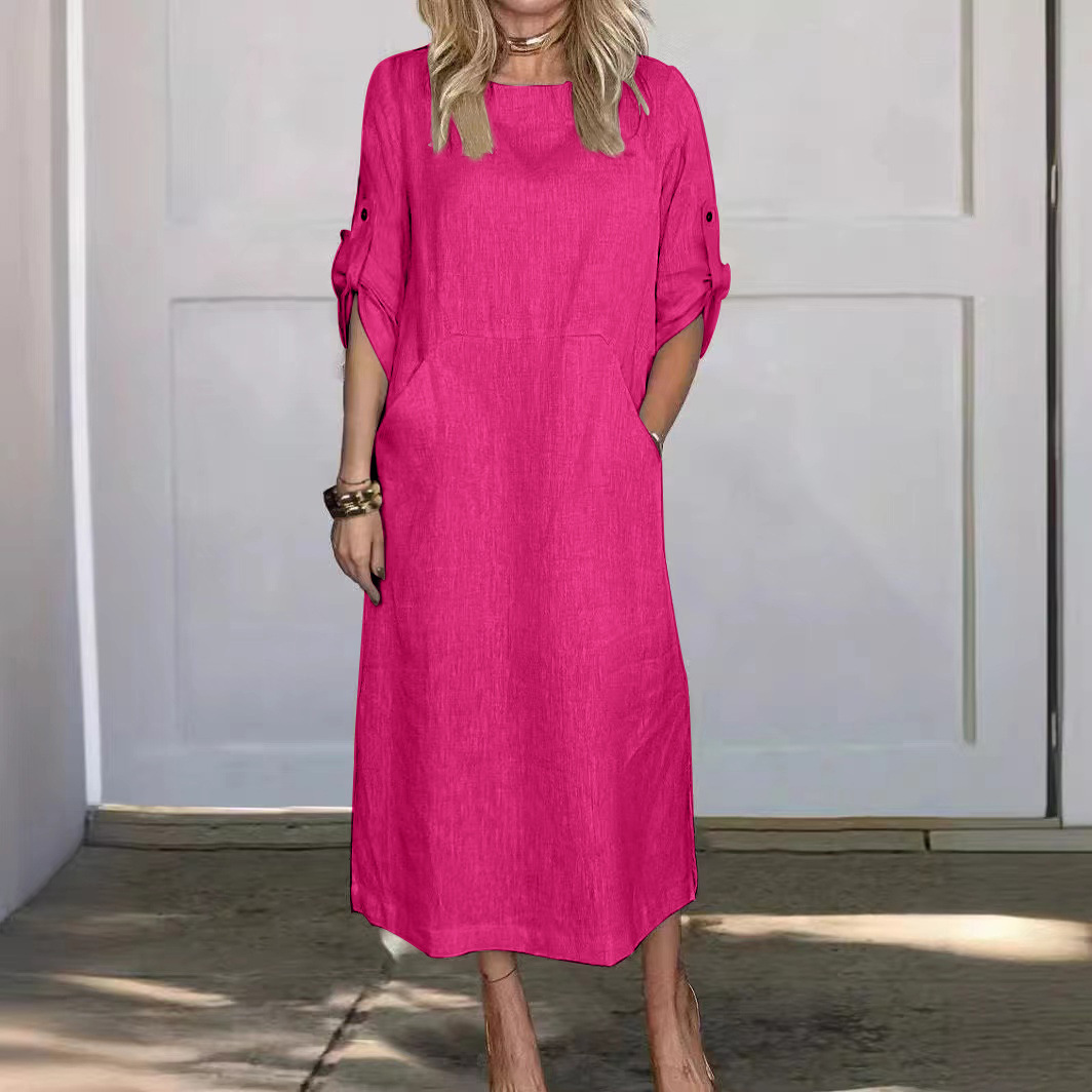 Women's Summer Loose Casual Solid Color Short Sleeve Cotton Linen Dress