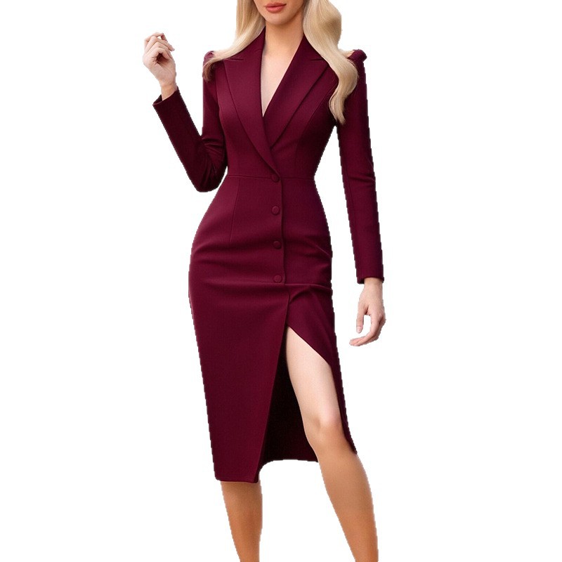 Women's Solid Color Long Sleeve Blazer Collar Single-Breasted Slim Long Dress