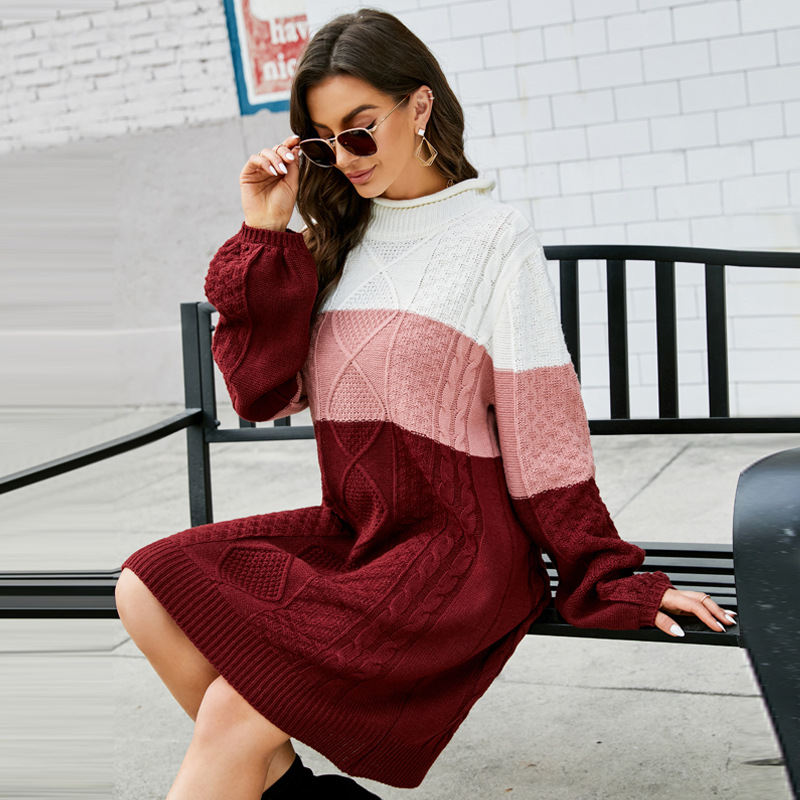Women's Casual Loose Crewneck Long Knit Sweater Dress Colorblock Long Sleeve