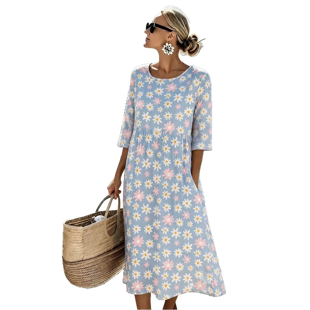 Women's Fresh Floral Daisy Print Ruched Midi Dress