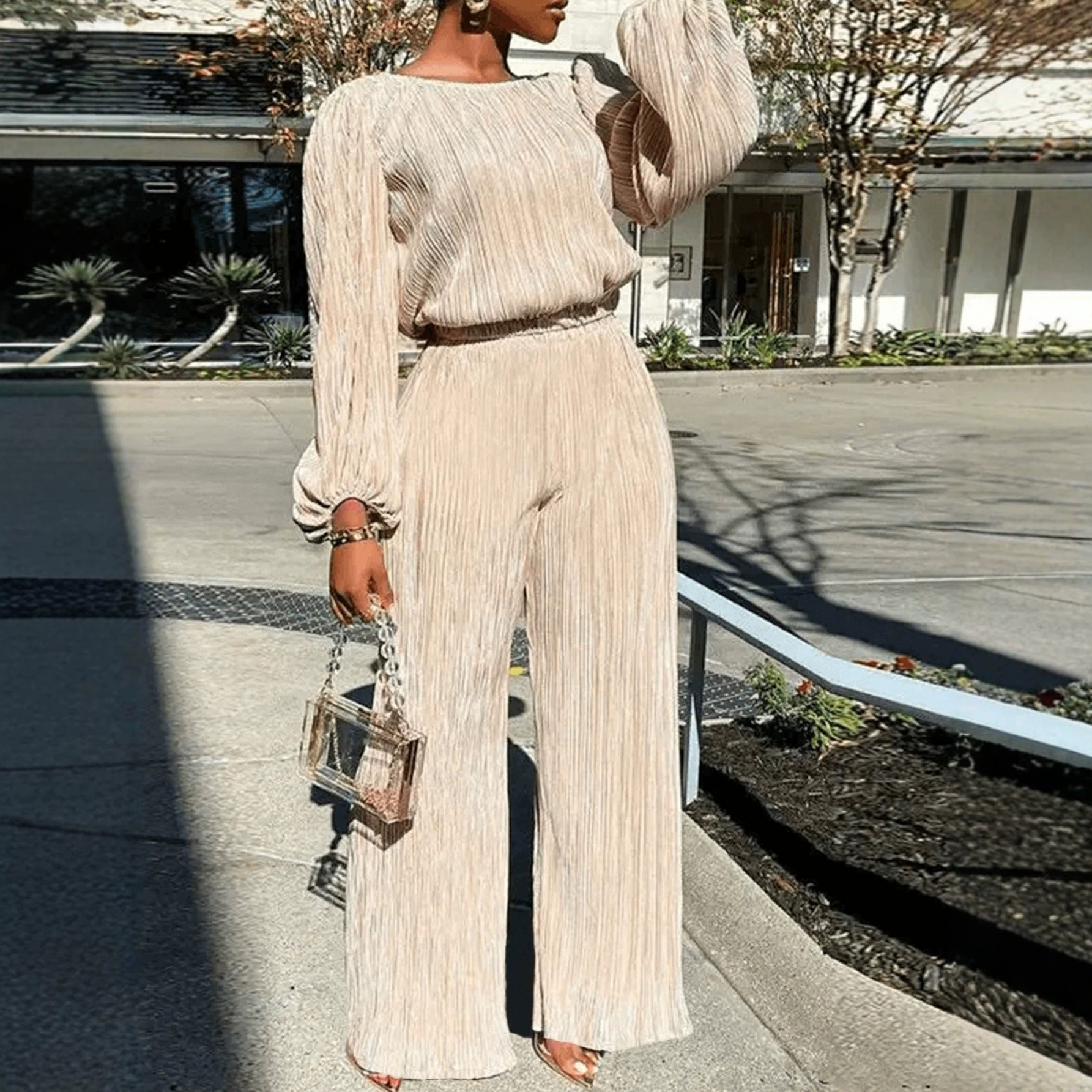 Women's Pleated Waist Straight-Leg Pants and Long-Sleeve Top Set