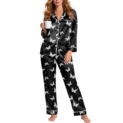 Women's Cuban Collar Christmas Santa Butterfly Print Long Sleeve Shirt Set