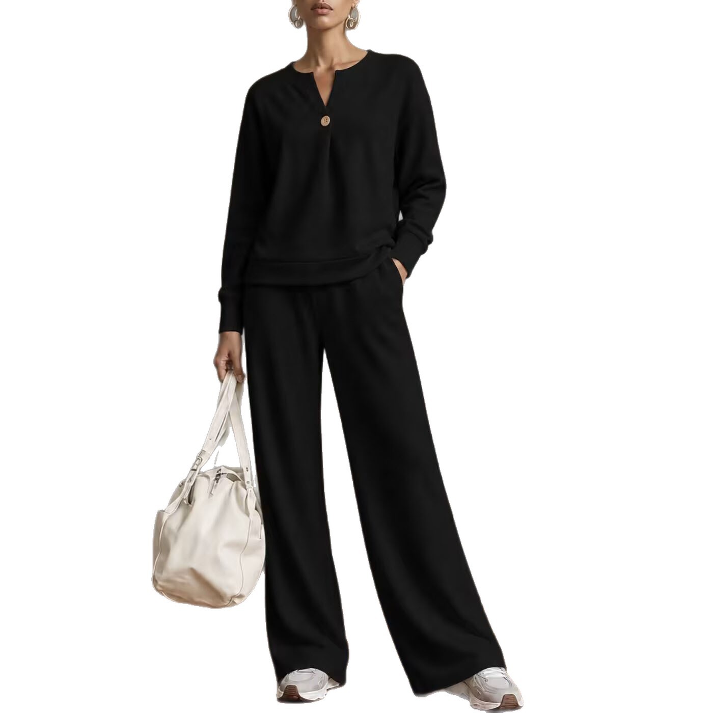 Women's Casual Solid Color Stand Collar Cardigan Sweatshirt and Wide-Leg Pants Set