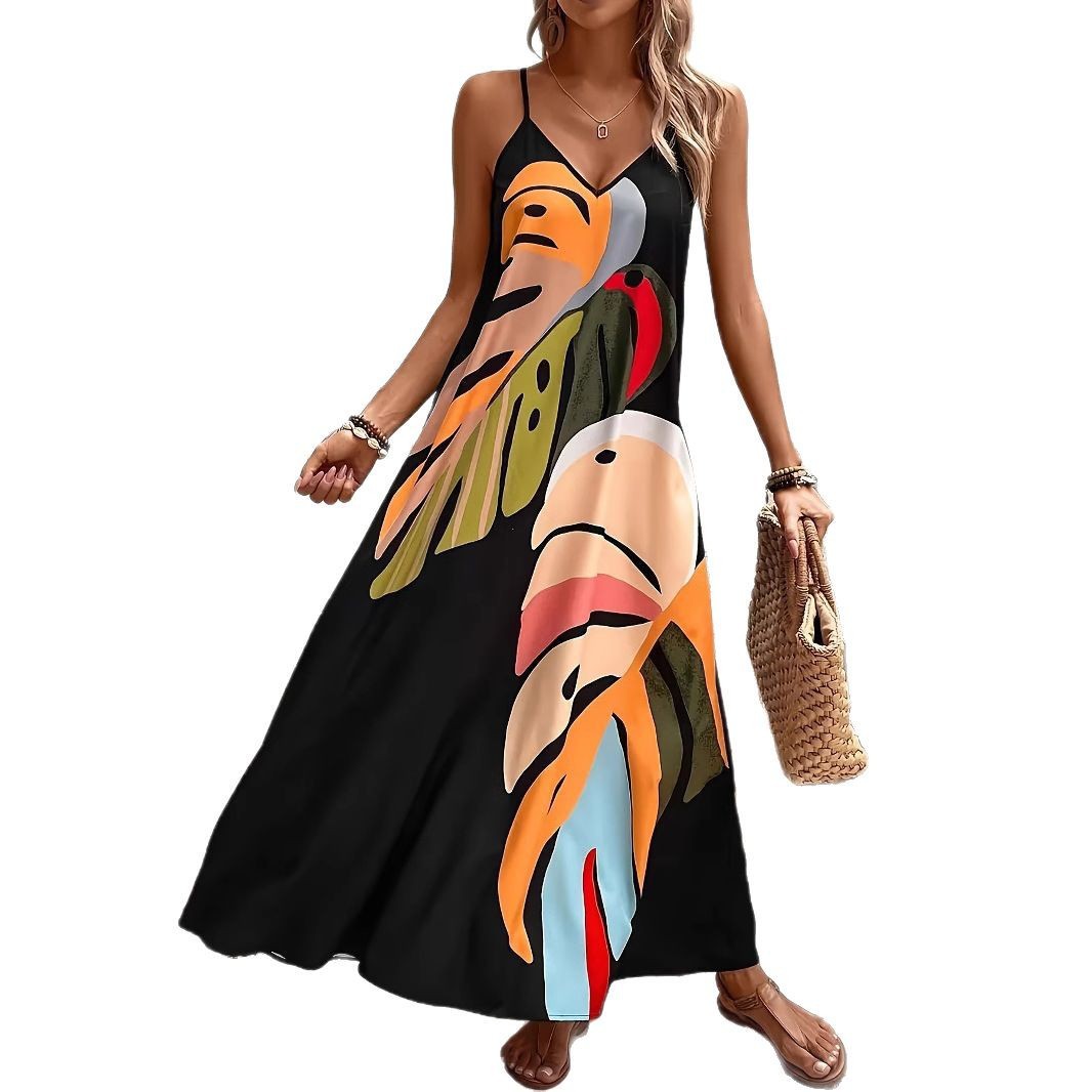 Women's Summer V-Neck Printed Sleeveless Maxi Dress