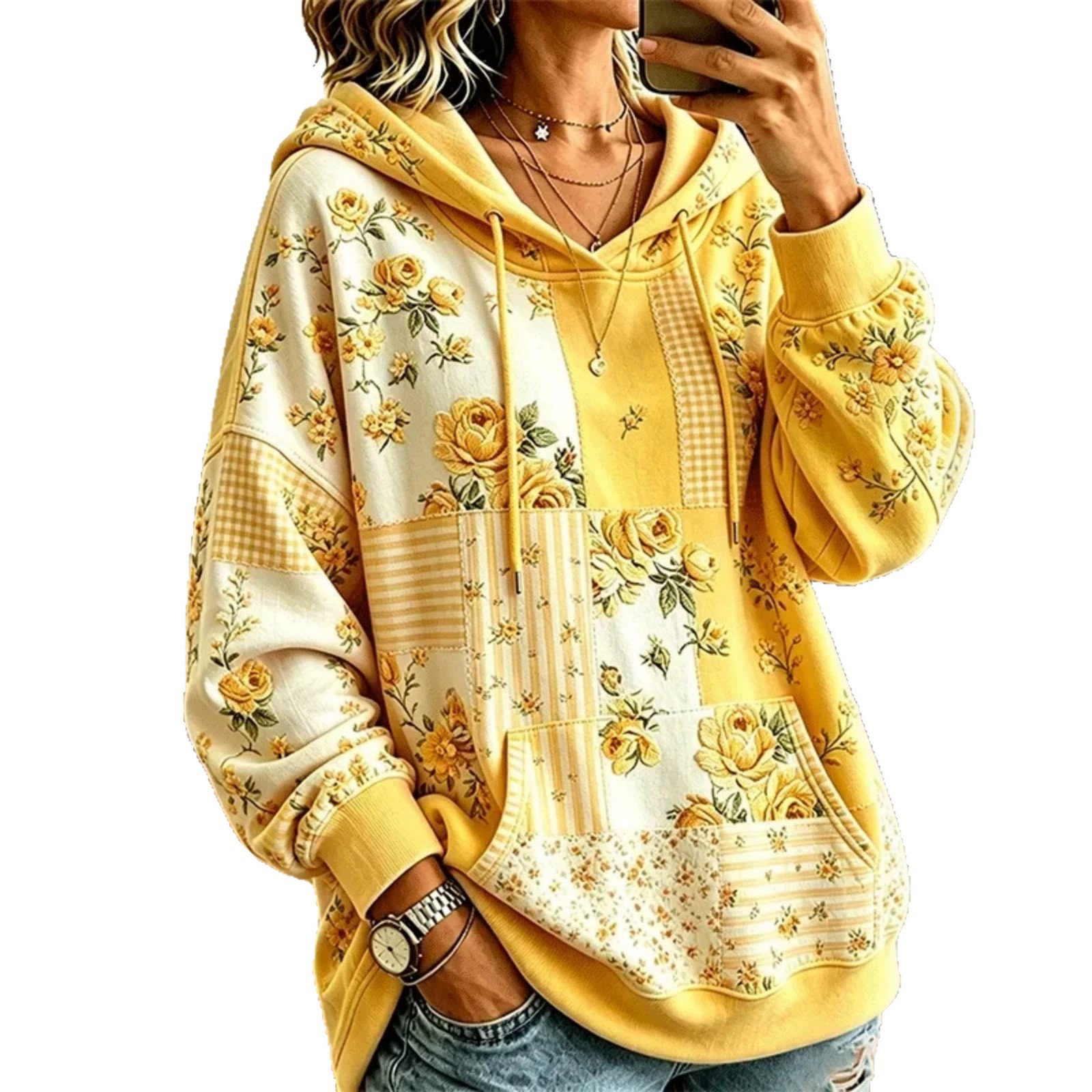 Retro Floral Plaid 3D Print Hoodie Loose Casual Top