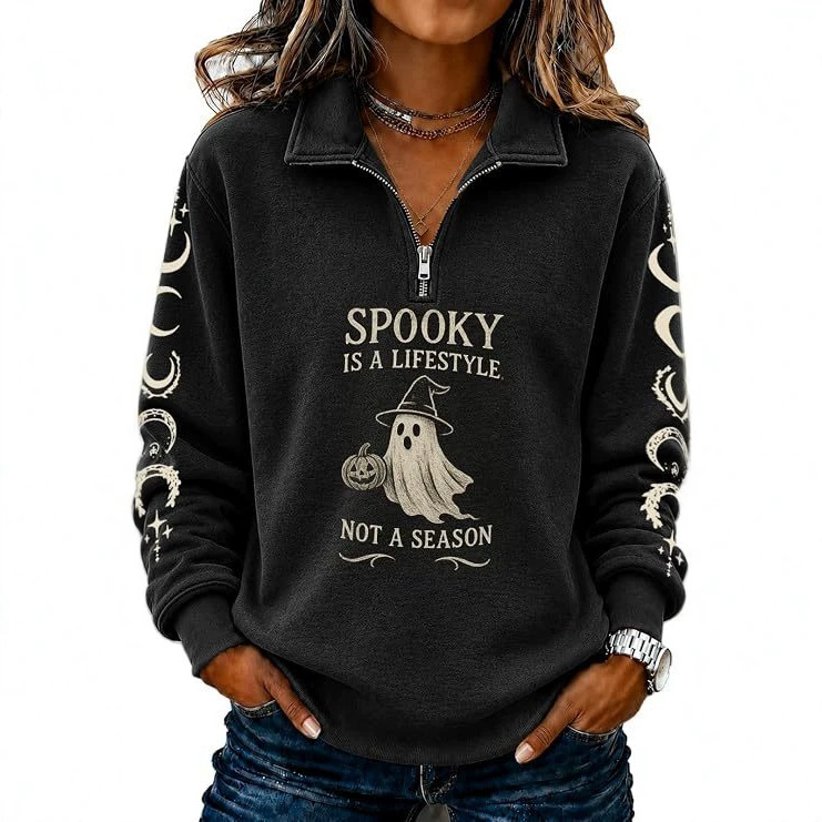 Women's Half-Zip Halloween Witch Skull Print Hoodie