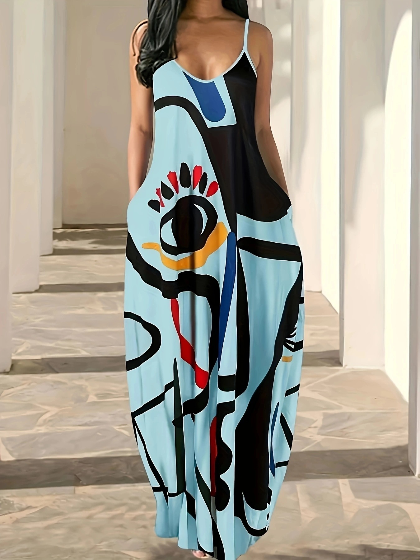 Abstract Face Print Sleeveless Maxi Dress