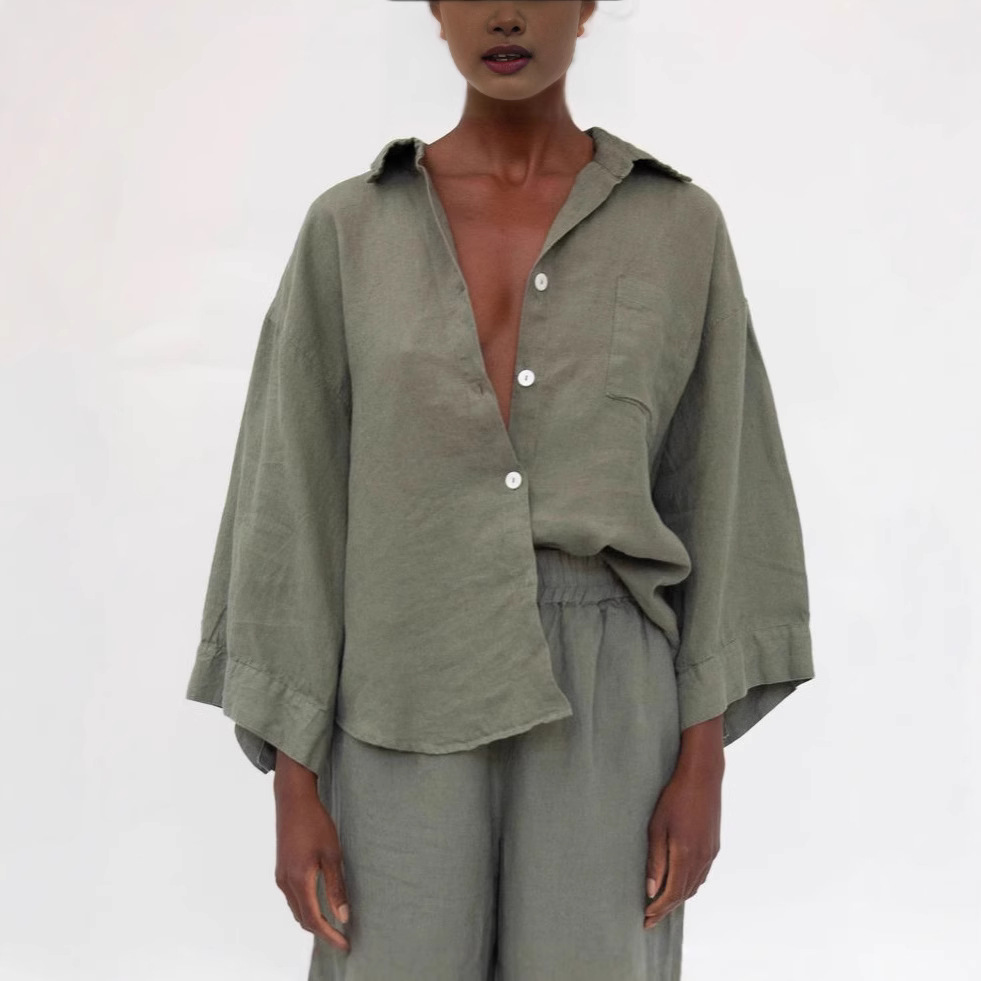 Cotton-Linen American Style Cardigan Long-Sleeve Shorts Set