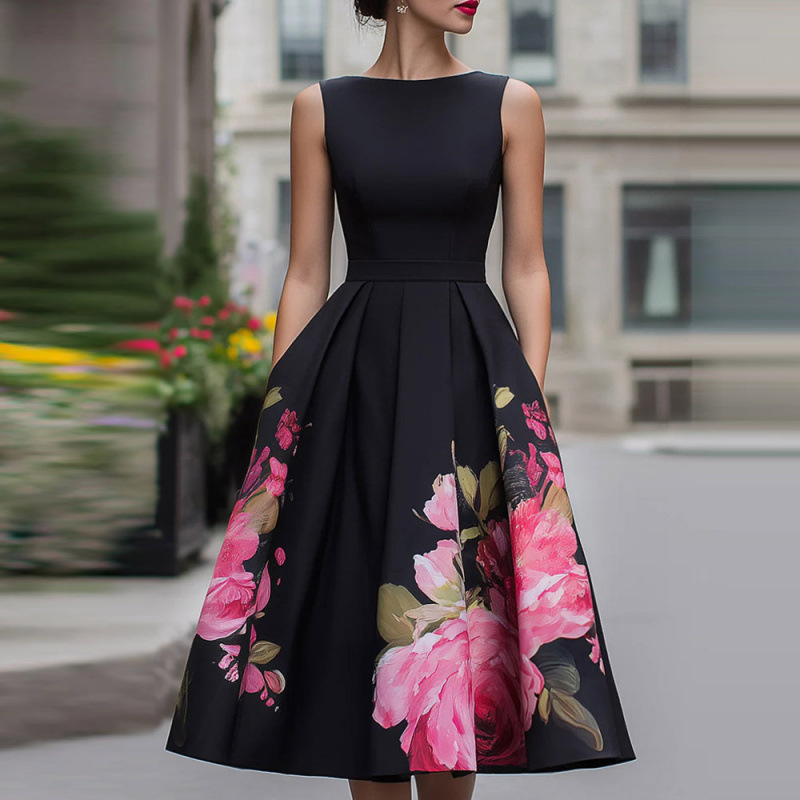 Women's Sleeveless Floral Print A-Line Midi Dress with Cinched Waist