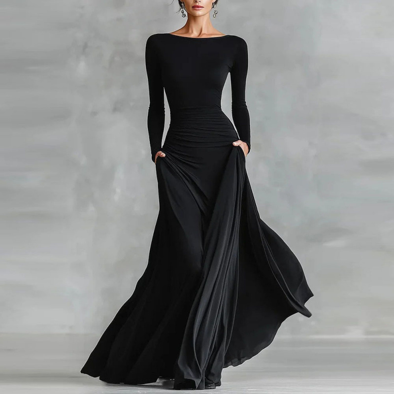 Solid Color Wrap Boat Neck Slimming Dress