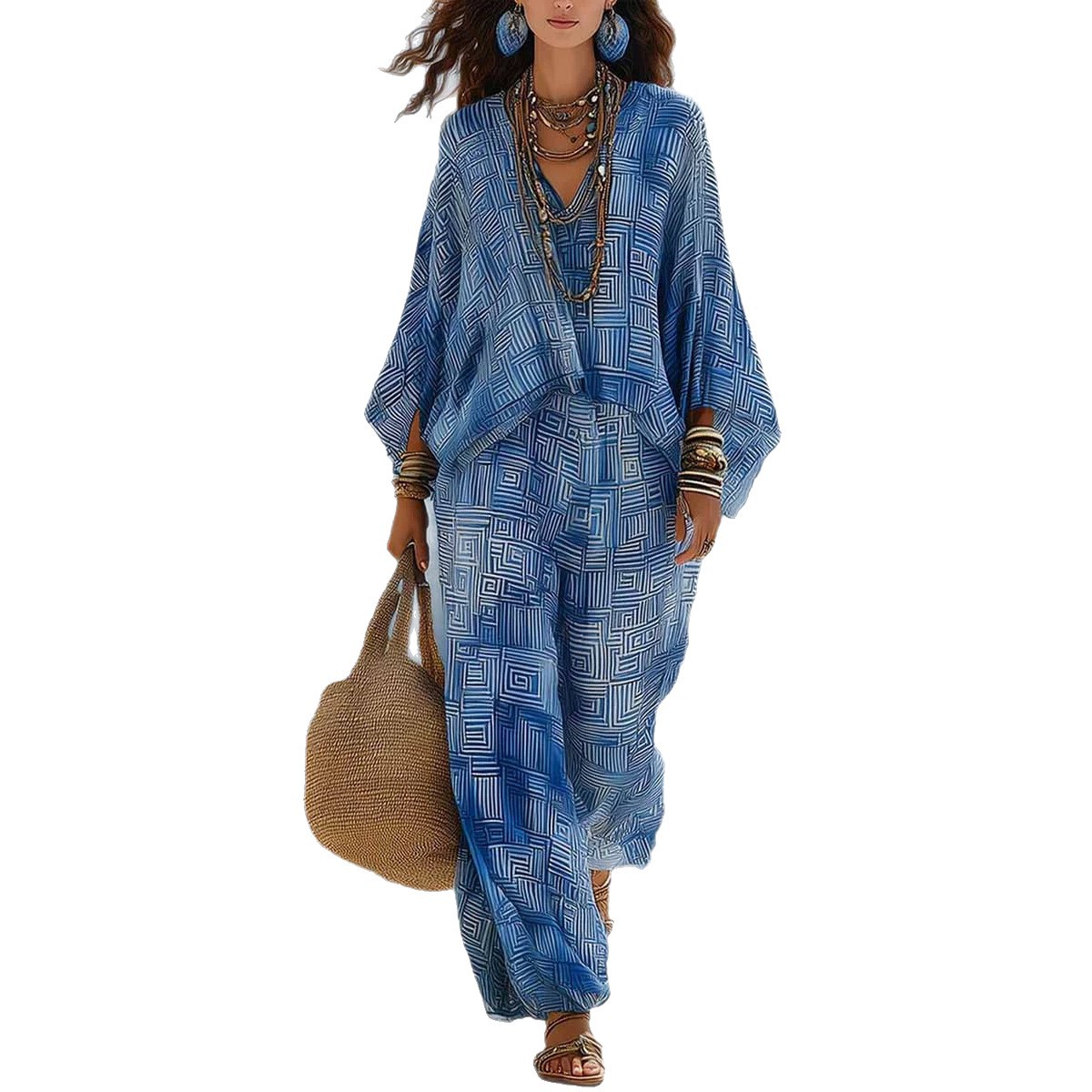 V-Neck Textured Two-Piece Lounge Set