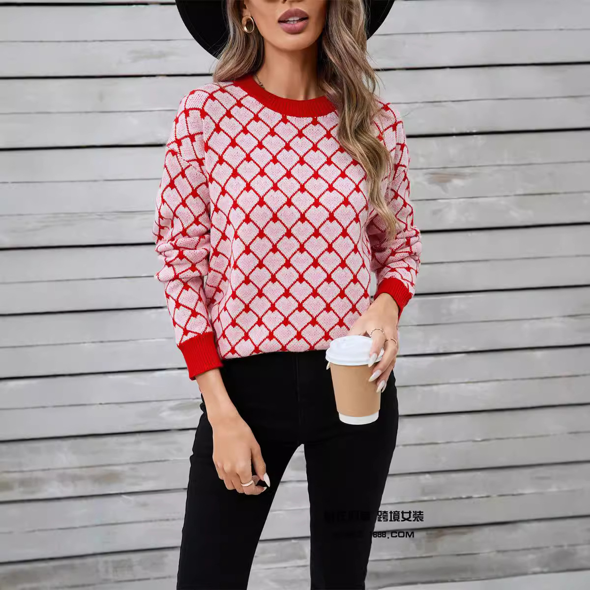 Women's Heart Jacquard Crewneck Pullover Sweater