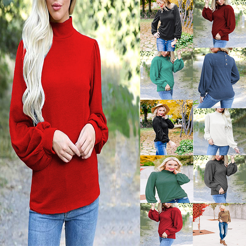 Button-Down High Neck Balloon Sleeve Loose Knit Sweater